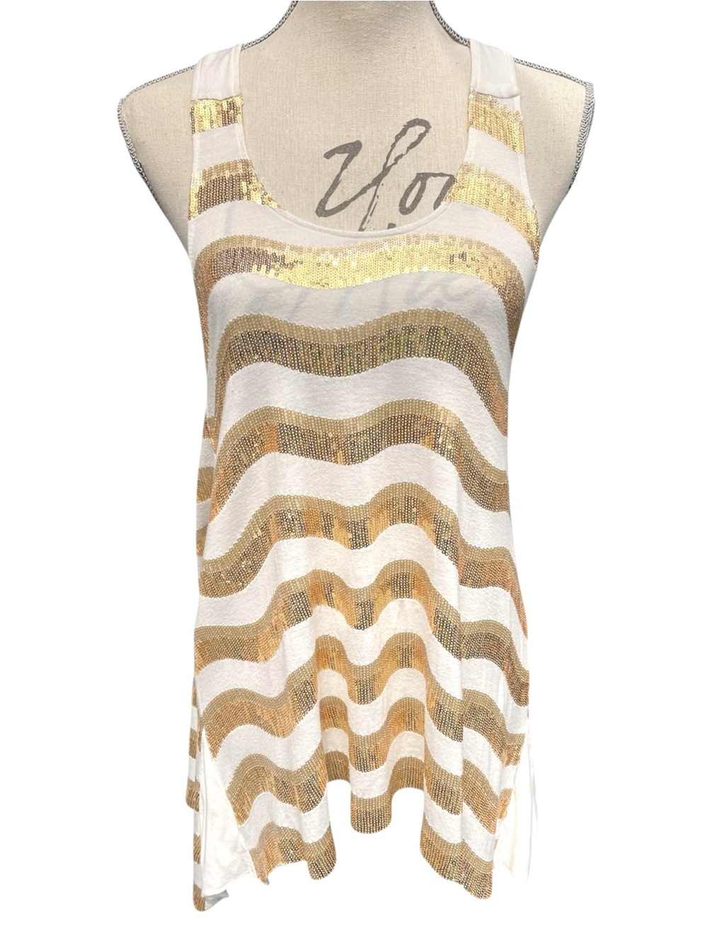 Bebe Off White/Gold Sequin Aviva Striped Tunic Tank Top (S)